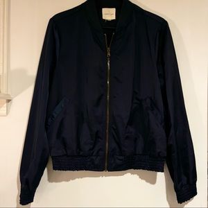 Silence + Noise Satin Bomber Jacket in Navy